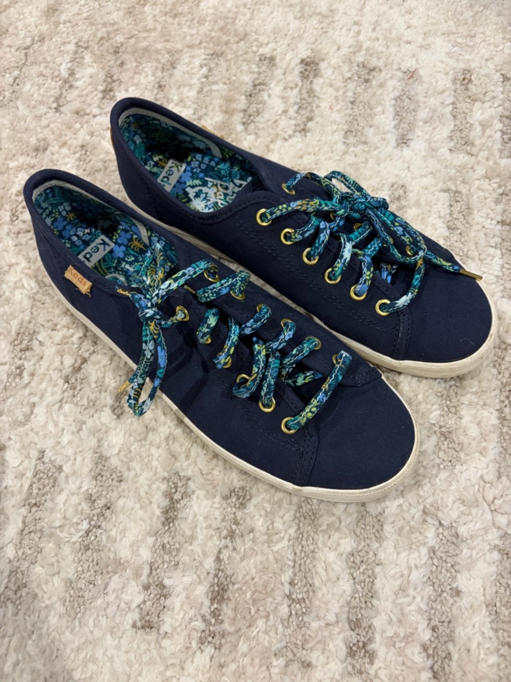 Keds Navy Canvas Sneakers with Teal Floral Laces